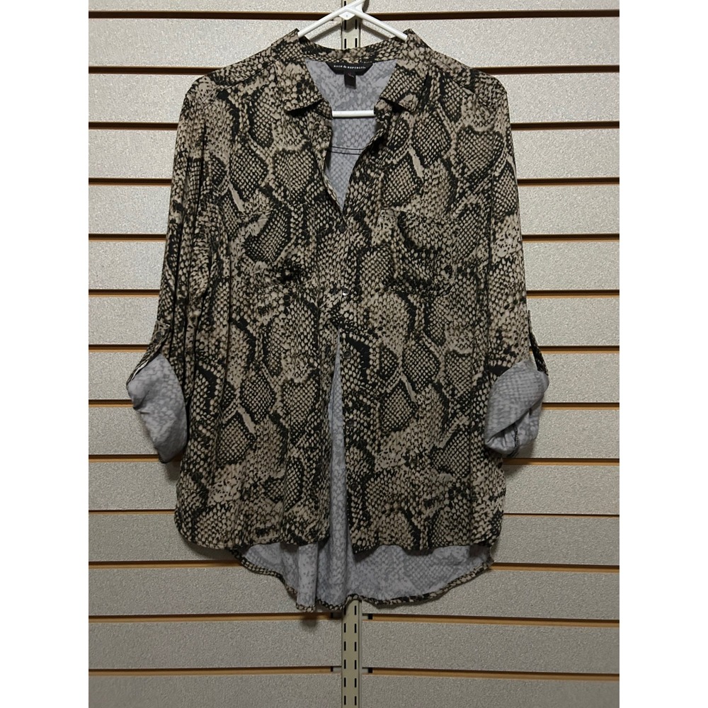 Rock & Republic Womens Snakeskin Print Roll Tab Button Up Blouse Tan Black M